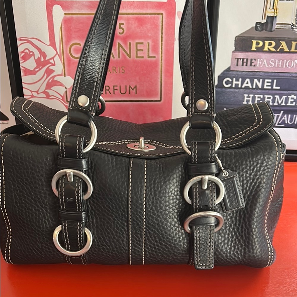 Coach Chelsea Black Pebbled Leather Baguette Satchel